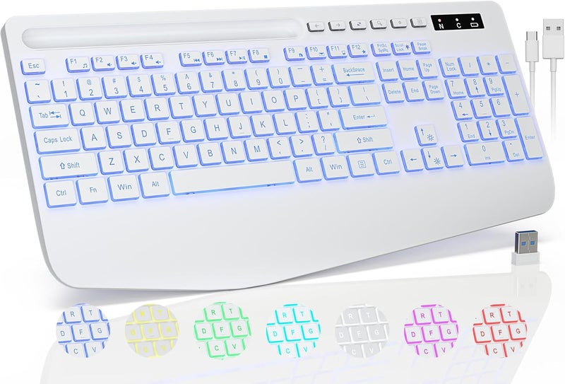 Trueque Wireless Keyboard with 7 Colored Backlits, Phone Holder, Wrist Rest, Rechargeable Ergonomic Keyboard with Silent Light Up Keys, Cordless Computer Keyboard for Windows, Mac, Laptop - (White) - Image 1